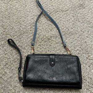 The Sak Black Leather Wristlet with Blue Strap